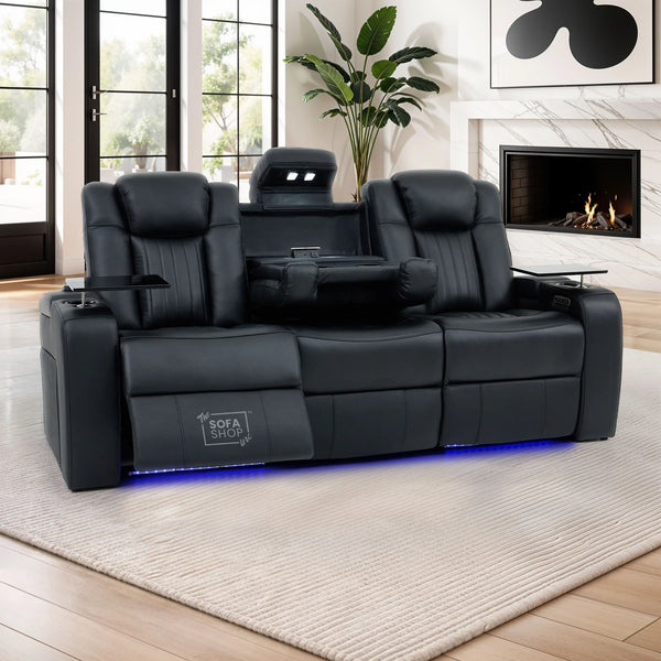 3 Seater Real Leather Cinema Recliner Sofa in Black | Electric Couch with Massage, Heating, Power Plug Sockets, Cup Holders & Reading Lamps | Capri | Sofa Shop