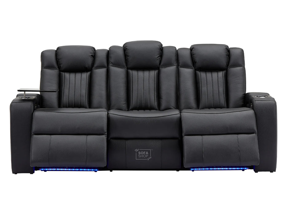 Electric Recliner Cinema Sofa 3 Seater in Black Real Leather with USB Ports, Cup Holders, and Wireless Charger - Capri