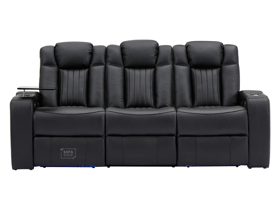 Electric Recliner Cinema Sofa 3 Seater in Black Real Leather with USB Ports, Cup Holders, and Wireless Charger - Capri