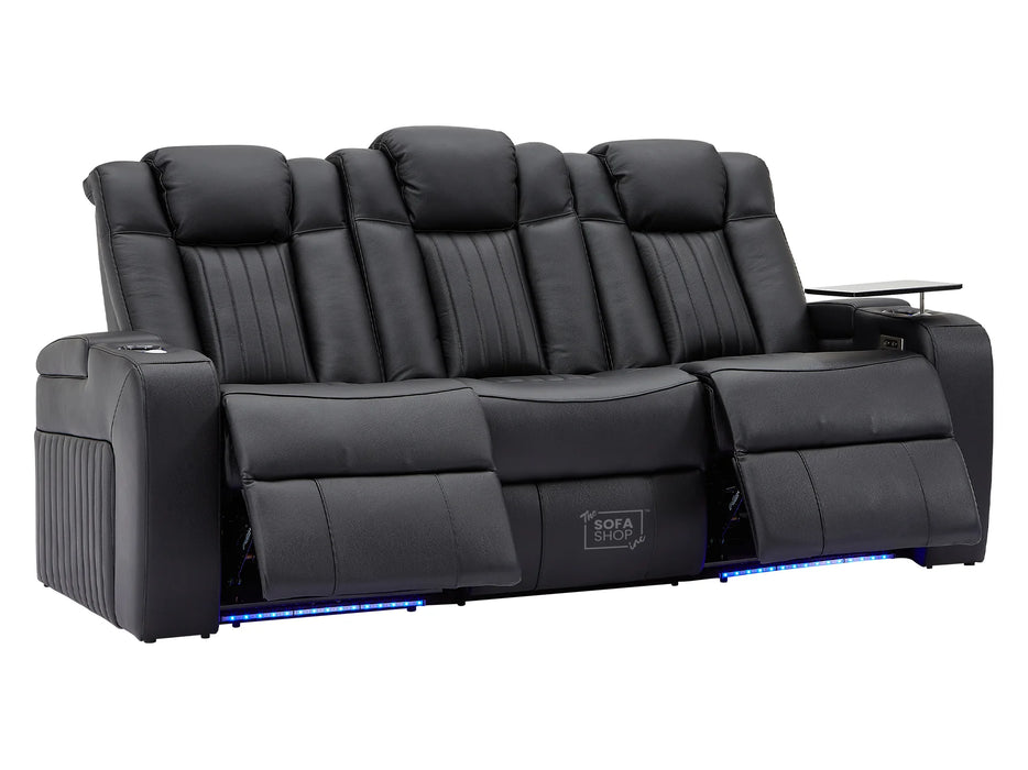 3 Seater Power Recliner Sofa in Leather Aire with USB & Wireless Charging for Convenience, Cupholders & Massage for Ultimate Relaxation | Black Leather | Capri| The Sofa Shop