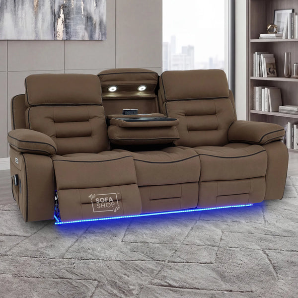 3 Seater Electric Recliner Cinema Sofa in Brown Fabric | Hi-Tech Sofa With Massage, Fold-Down Table, Bluetooth Speakers, LED Lights & Power Headrest | Tuscany | The Sofa Shop