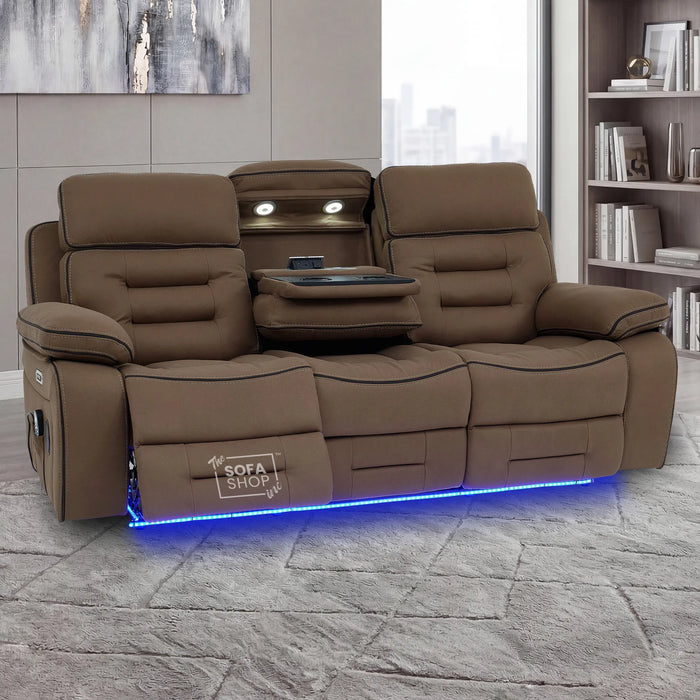 3 Seater Electric Recliner Cinema Sofa in Brown Fabric | Hi-Tech Sofa With Massage, Fold-Down Table, Bluetooth Speakers, LED Lights & Power Headrest | Tuscany | The Sofa Shop