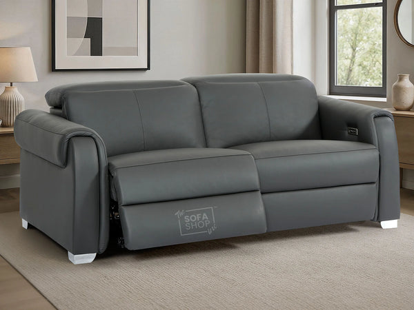 3 Seater Real Leather Recliner Sofa In Grey | Hi-Tech Sofa with Massage, USB Ports & Power Headrest | Turin