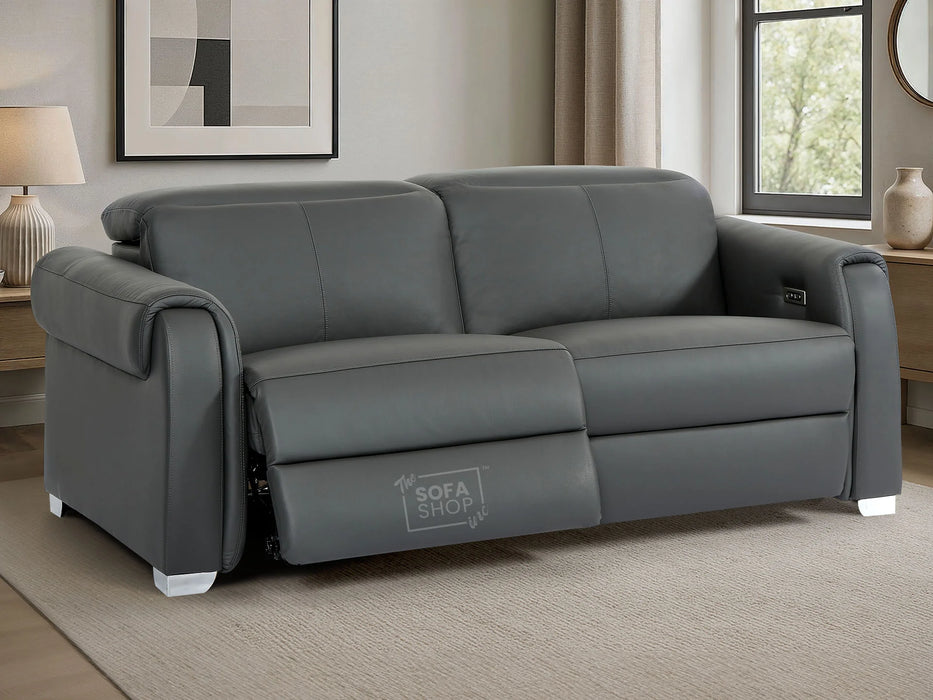 3 Seater Real Leather Recliner Sofa In Grey | Hi-Tech Sofa with Massage, USB Ports & Power Headrest | Turin