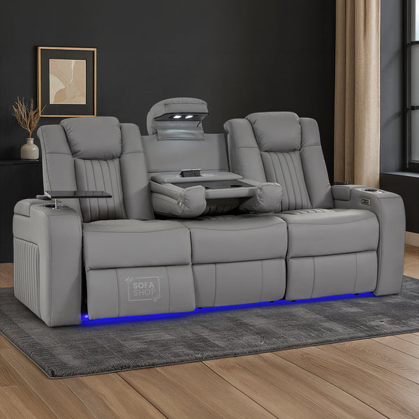 3 Seater Light Grey Real Leather Electric Recliner Cinema Sofa | Electric Sofa With Massage, Power Headrest, Wireless Charging & LED Reading Lights | Capri | The Sofa Shop