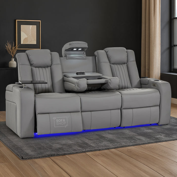 3 Seater Light Grey Real Leather Electric Recliner Cinema Sofa | Electric Sofa With Massage, Power Headrest, Wireless Charging & LED Reading Lights | Capri | The Sofa Shop