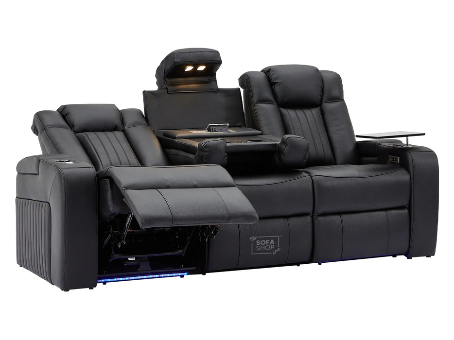 Electric Recliner Cinema Sofa 3 Seater in Black Real Leather with USB Ports, Cup Holders, and Wireless Charger - Capri