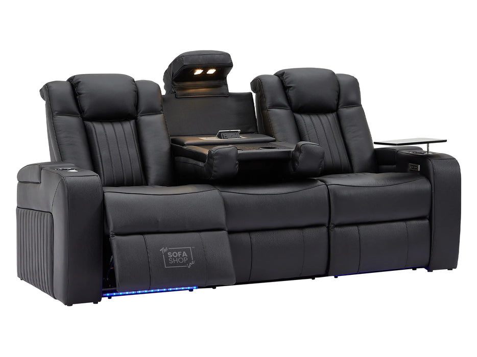 Electric Recliner Cinema Sofa 3 Seater in Black Real Leather with USB Ports, Cup Holders, and Wireless Charger - Capri