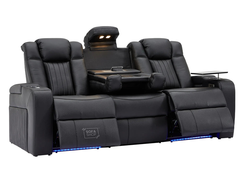 3 Seater Power Recliner Sofa in Leather Aire with USB & Wireless Charging for Convenience, Cupholders & Massage for Ultimate Relaxation | Black Leather | Capri| The Sofa Shop