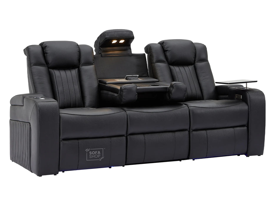 Electric Recliner Cinema Sofa 3 Seater in Black Real Leather with USB Ports, Cup Holders, and Wireless Charger - Capri