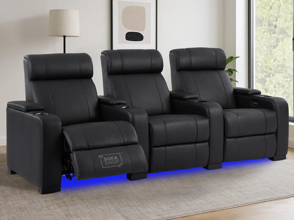 3 Seat Real Leather Electric Recliner Home Cinema Theatre Sofa in Black with Massage, Heating, Cupholders + USB + LED Lights | Rimini