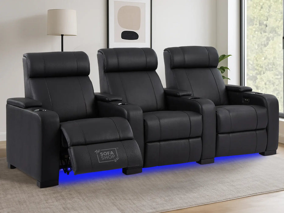 3 Seat Real Leather Electric Recliner Home Cinema Theatre Sofa in Black with Massage, Heating, Cupholders + USB + LED Lights | Rimini