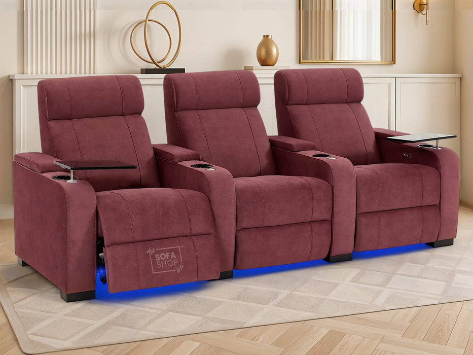 3+2+1 Reclining Cinema Seating Set | 3-Piece Multimedia Sofa Suite in Purple Fabric with Massage, Tables, LED & Chilling Cup Holders | Rimini | Sofa Shop