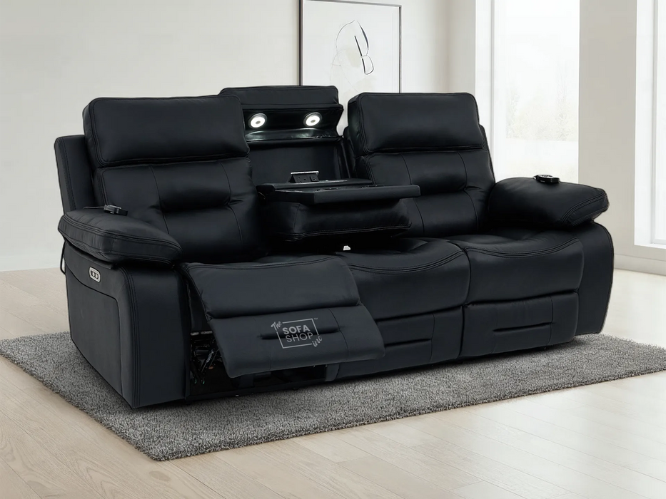 3+2 Electric Recliner Sofa Set in Black Real Leather | Hi-Tech Cinema Package with Massage, Drop-Down Table, Power Headrest, Power Recliner, Storage Drawer, USB & Wireless Charging | Sicily