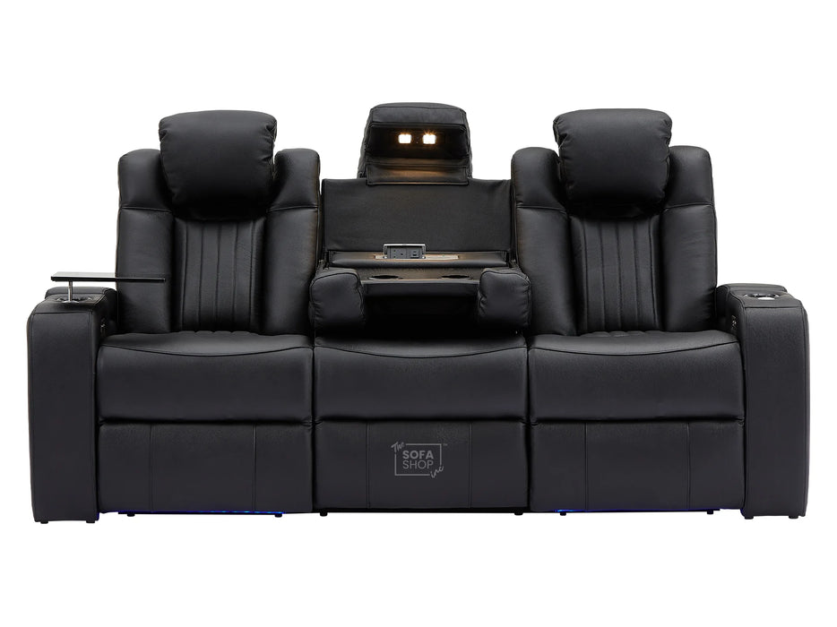 Electric Recliner Cinema Sofa 3 Seater in Black Real Leather with USB Ports, Cup Holders, and Wireless Charger - Capri