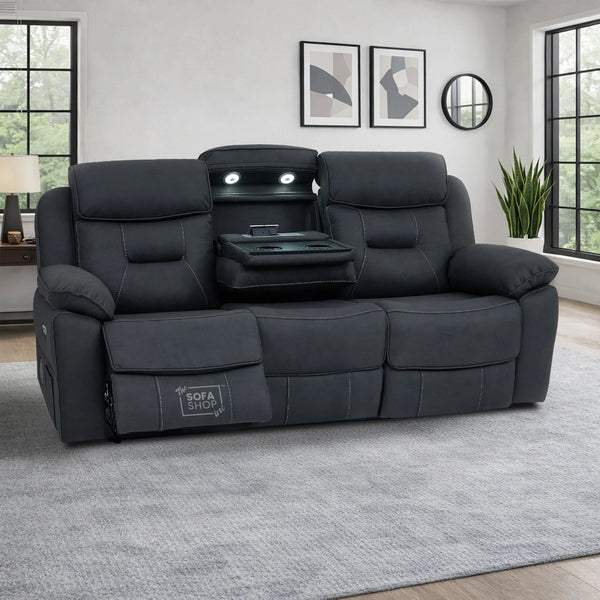 3 Seat Electric Recliner Home Cinema Sofa | Fabric Couch In Charcoal Grey | Hi-Tech Sofa with Massage + Cupholders + Table + Power Headrests + Speakers | Florence