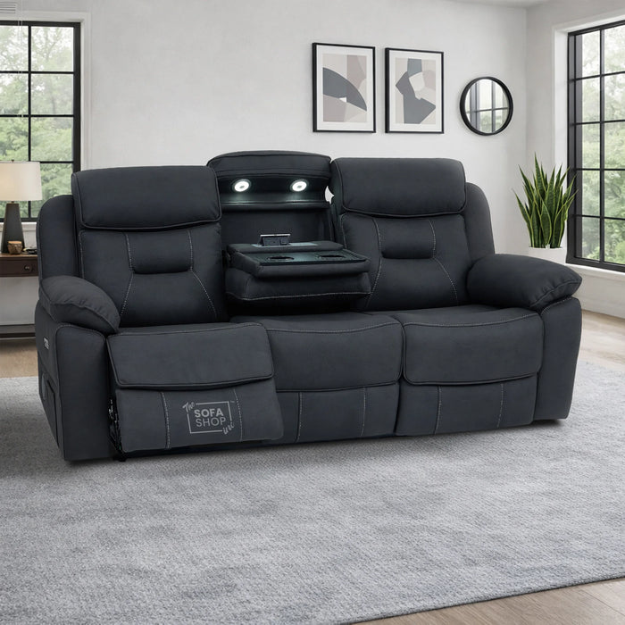 3 Seat Electric Recliner Home Cinema Sofa | Fabric Couch In Charcoal Grey | Hi-Tech Sofa with Massage + Cupholders + Table + Power Headrests + Speakers | Florence