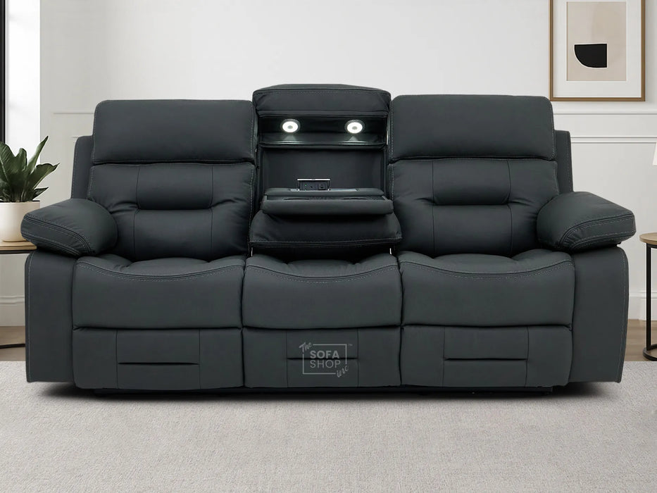 3+2 Electric Recliner Sofa Set in Grey Real Leather | Hi-Tech Cinema Package with Massage, Drop-Down Table, Power Headrest, Power Recliner, Storage Drawer, USB & Wireless Charging | Grey Real Leather | Sicily