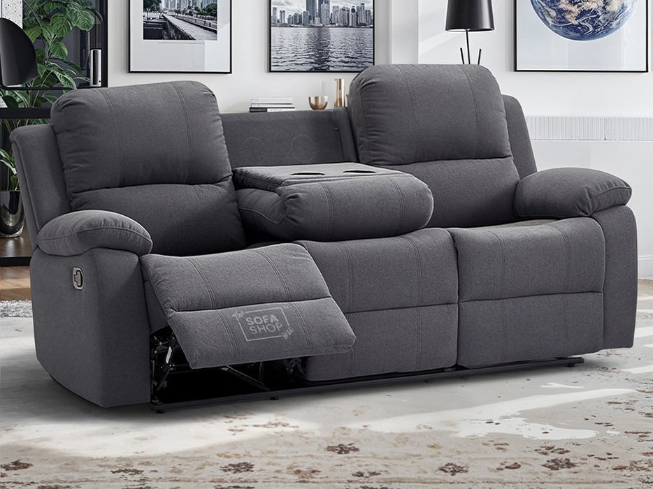 3 Seater Recliner Sofa in Dark Grey Fabric with Drop-Down Table & Cup Holders - Trento