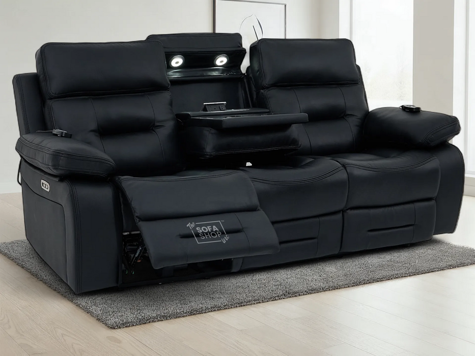 3 Seater Electric Recliner Cinema Sofa in Black Real Leather | Hi-Tech Cinema Seats with Massage, Drop-Down Table, LED Reading Light, Power Headrest, Power Recliner, Storage Drawer, USB & Wireless Charging | Sicily