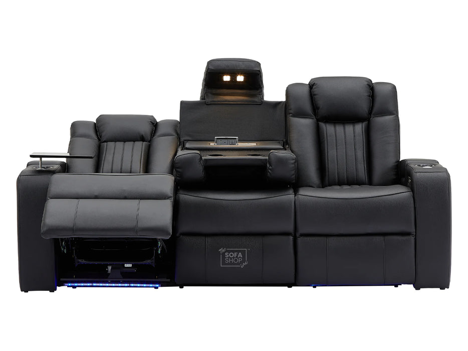 3 Seater Power Recliner Sofa in Leather Aire with USB & Wireless Charging for Convenience, Cupholders & Massage for Ultimate Relaxation | Black Leather | Capri| The Sofa Shop