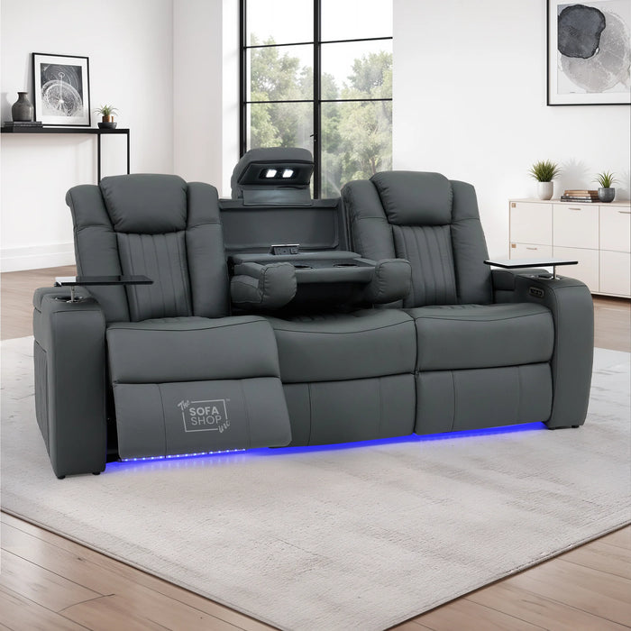 3 Seater Recliner Cinema Sofa | Theatre Couch in Grey Real Leather with USB Ports, Massage, Heating, Cup Holders & Wireless Charger | Capri | The Sofa Shop