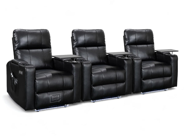 Row of 3 Electric Home Cinema Seats in Black Leather Aire, With Recliner, Massage Seats, Removable Table, USB, Lights, Storage Arms, Chilled Cupholders - Modena