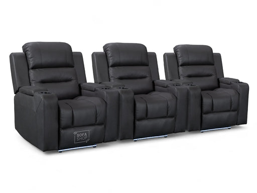 Row of 3 Electric Home Cinema Seats in Black Resilience Fabric, With Recliner, Removable Table, USB, Lights, Massage, Chilled Cupholders - Siena