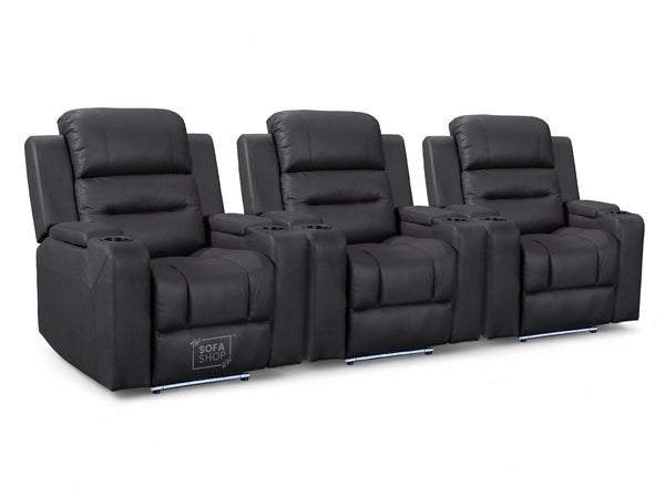 Row of 3 Electric Home Cinema Seats in Black Resilience Fabric, With Recliner, USB, Lights, Massage, Chilled Cupholders - Siena