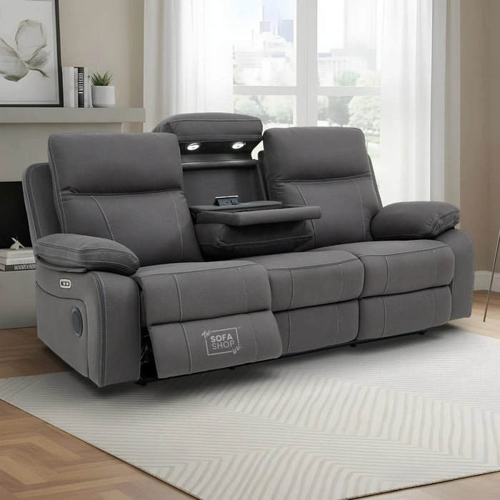 3 Seat Electric Recliner Home Cinema Theatre Sofa | Fabric Couch In Grey with Cupholders + Table + USB + Speakers | Vinsonova Series One