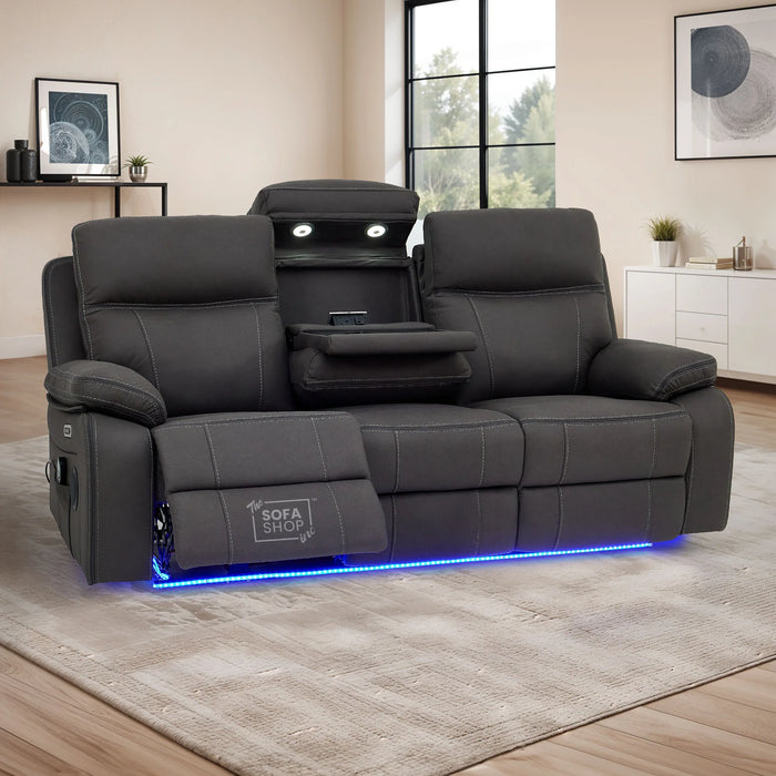 3 Seat Electric Recliner Home Cinema Theatre Sofa | Fabric Couch In Grey with Massage + Cupholders + Table + USB + Speakers | Vinsonova | The Sofa Shop
