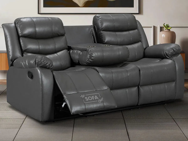 3 Seater Recliner Sofa in Dark Grey Leather with Drop-Down Table & Cup Holders | Sortino | Free Assembly Included