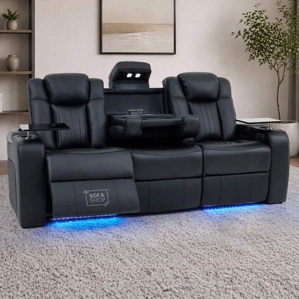3 Seater Real Leather Electric High-Tech Cinema Sofa in Black | Power Headrests, Power Lumbar, Cooling Cupholders, Tray Tables, Power Grommet | Capri | The Sofa Shop
