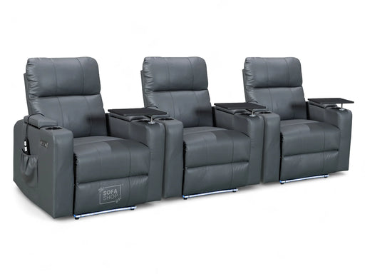 Row of 3 Electric Home Cinema Seats in Grey Leather Aire, With Recliner, Massage Seats, Removable Table, USB, Lights, Storage Arms, Chilled Cupholders - Modena