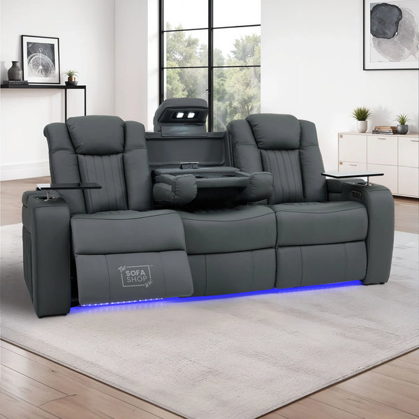 3 Seater Recliner Cinema Sofa | Theatre Couch in Grey Real Leather with USB Ports, Massage, Heating, Cup Holders & Wireless Charger | Capri | The Sofa Shop
