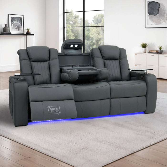 3 Seater Recliner Cinema Sofa | Theatre Couch in Grey Real Leather with USB Ports, Massage, Heating, Cup Holders & Wireless Charger | Capri | The Sofa Shop