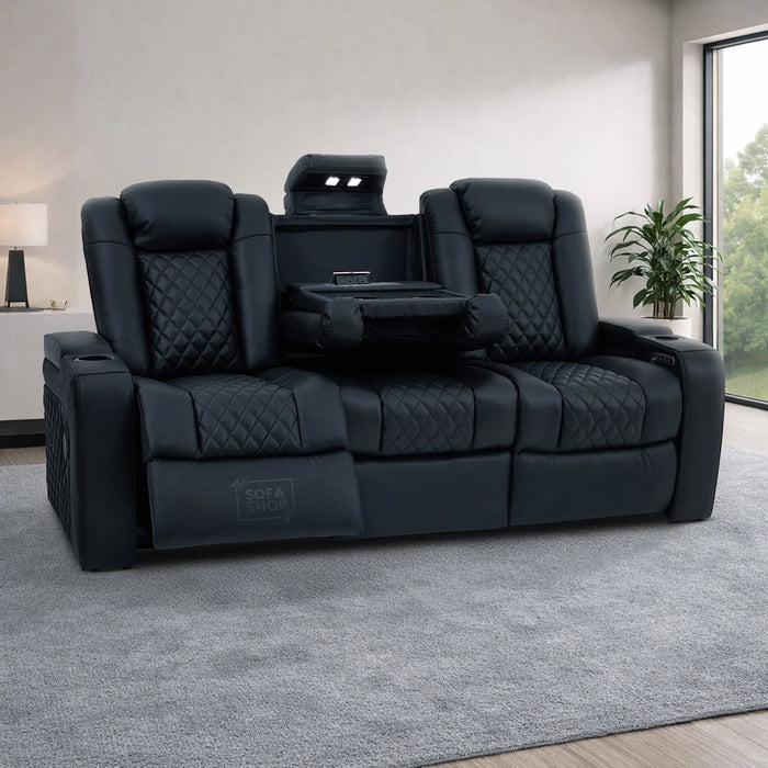3 Seater Real Leather Electric Recliner Cinema Sofa in Black | Hi-Tech Sofa with Adjustable Headrest, Lumbar Support, Wireless Charger | Milano | The Sofa Shop
