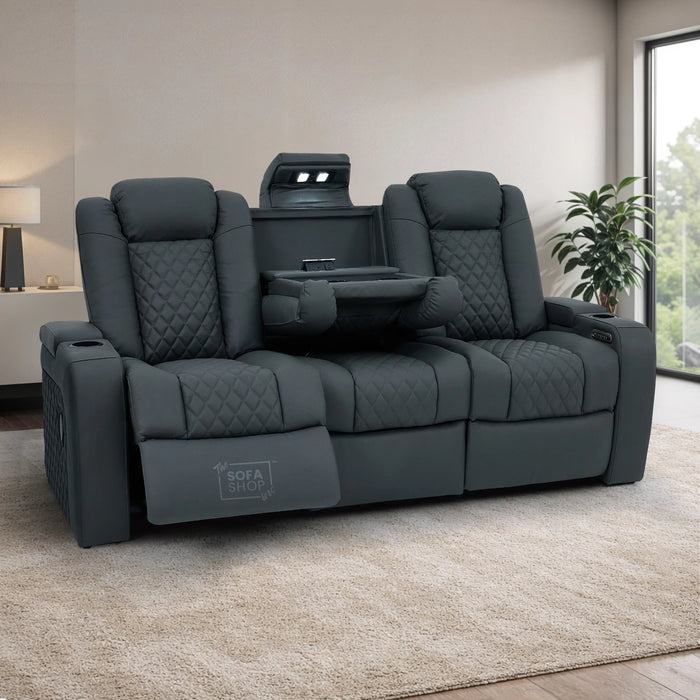 3 Seater Real Leather Electric Recliner Cinema Sofa in Grey | Hi-Tech Sofa with Adjustable Headrest, Lumbar Support, Wireless Charger | Milano | The Sofa Shop
