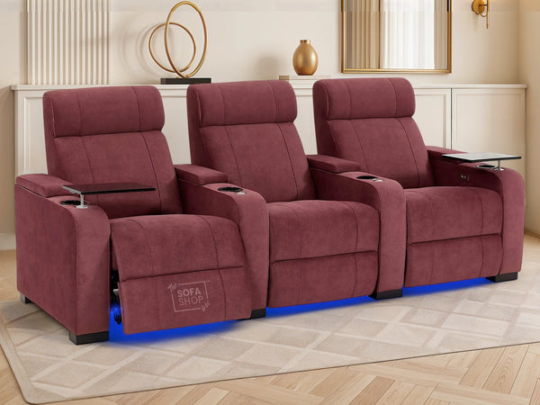 3 Seater Reclining Sofa with Electric Mechanism, Massage, USB Ports, Cup Holders, Storage Boxes & LED Lights | Purple Velvet Sofa | Rimini | The Sofa Shop