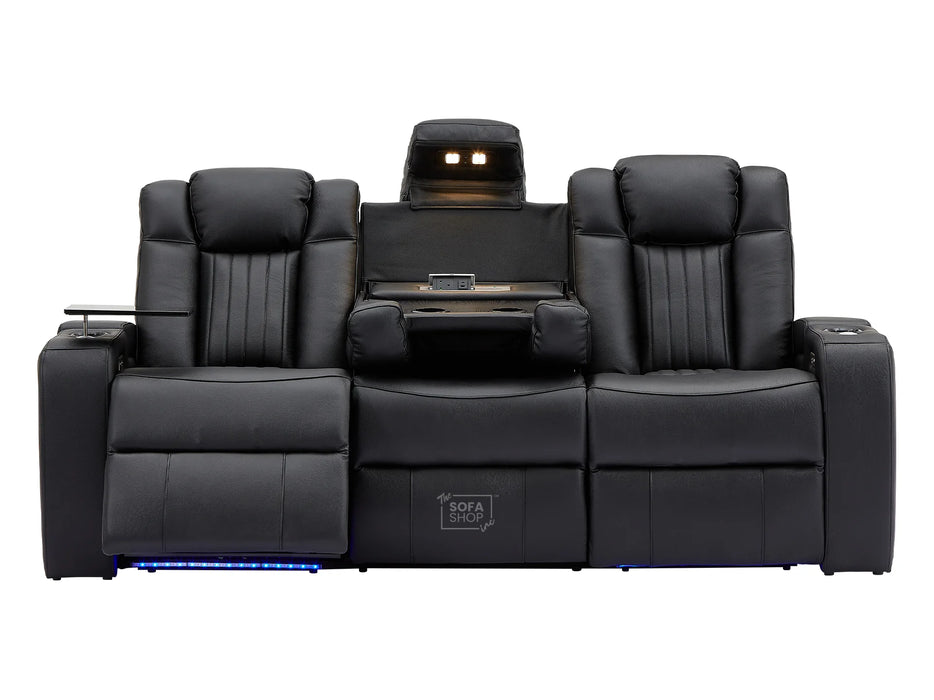 3 2 Electric Recliner Sofa Set with USB Ports, Drink Holders & Storage Boxes - Black Real Leather 2 Piece Cinema Sofa - Capri