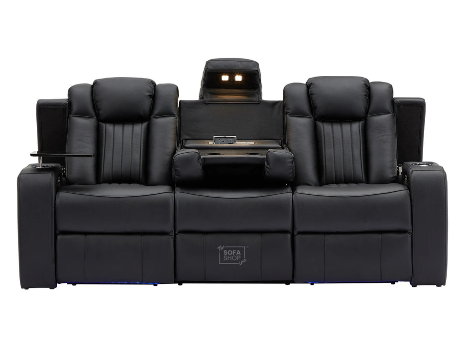 Electric Recliner Cinema Sofa Set 3 2 1 in Black Real Leather with Cup Holders, Storage Boxes, and USB Ports - Capri