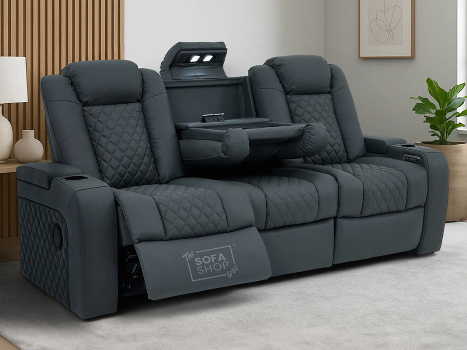 3 Seater Real Leather Electric Recliner Cinema Sofa in Grey | Hi-Tech Sofa with Adjustable Headrest, Lumbar Support, Wireless Charger | Milano | The Sofa Shop