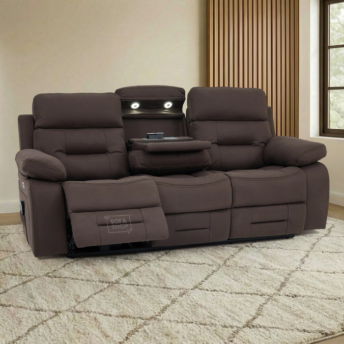 3 Seater Electric Recliner Cinema Sofa in Brown Resillience Fabric | Hi-Tech Cinema Seats with Massage, Heating, Drop-Down Table, LED Reading Light, Power Headrest, Power Recliner, Storage Drawer, USB & Wireless Charging | Sicily