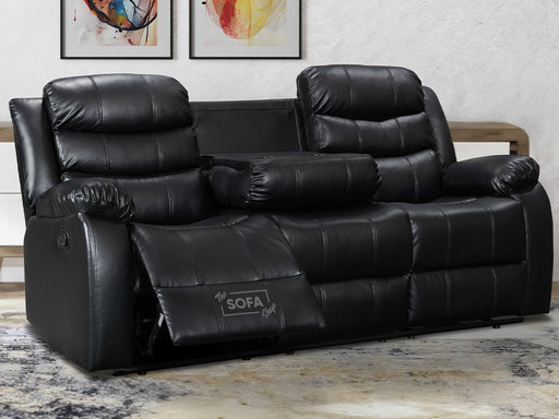 3 seater recliner sofa in black leather with drop down table and one seat reclined