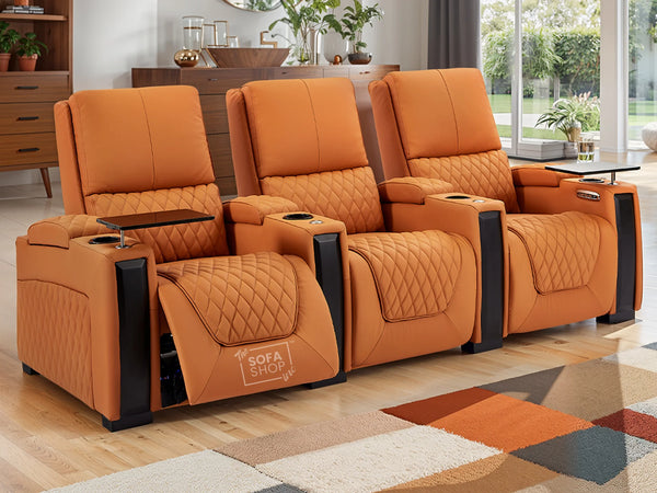 3 Seat Electric Recliner Home Cinema Theatre Sofa | Real Leather Couch in Orange + Keep Drinks Chilled in Cooling Cup Holders & Lumbar Support | Assisi | The Sofa Shop