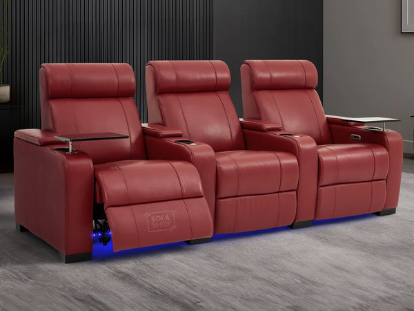 3 Seat Real Leather Electric Recliner Home Cinema Theatre Sofa In Red With Chilled Cupholders + Console + Storage + Power + USB + LED Lights | Rimini
