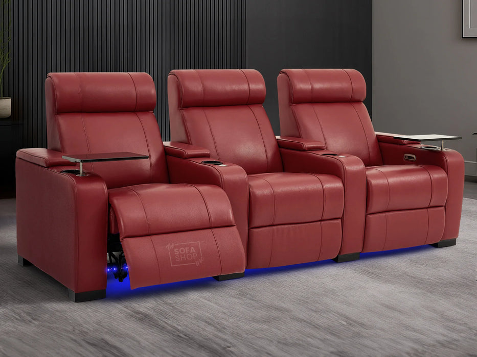 3 Seat Real Leather Electric Recliner Home Cinema Theatre Sofa In Red With Chilled Cupholders + Console + Storage + Power + USB + LED Lights | Rimini