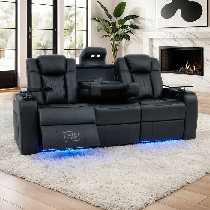 3+2 Modern Reclining Sofa Suite in Black Real Leather | Hi-Tech Sofa with Massage, Heated Lumbar, Wireless Charging, LED Lights & Removable Tables | Capri