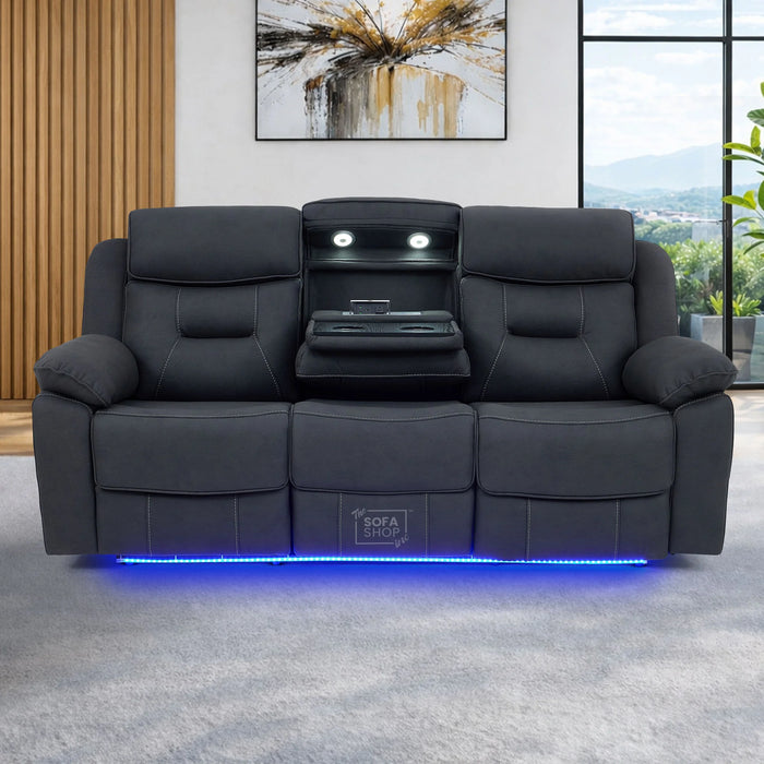 3 Seat Electric Recliner Home Cinema Sofa | Fabric Couch In Charcoal Grey | Hi-Tech Sofa with Massage + Cupholders + Table + Power Headrests + Speakers | Florence