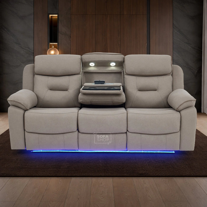 3 Seat Electric Recliner  Cinema Sofa | Fabric Couch In Beige | Hi-Tech Sofa with Massage, Heating, Cup Holders + Wireless Charging + Table + Power Headrests + Speakers | Florence